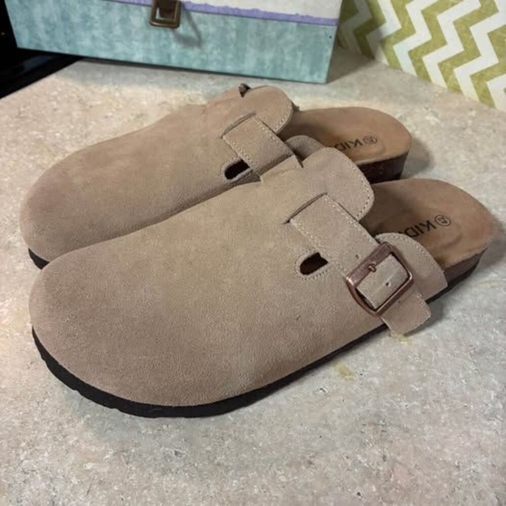 NWOT Suede Clogs, Mushroom Beige Color, cork bed